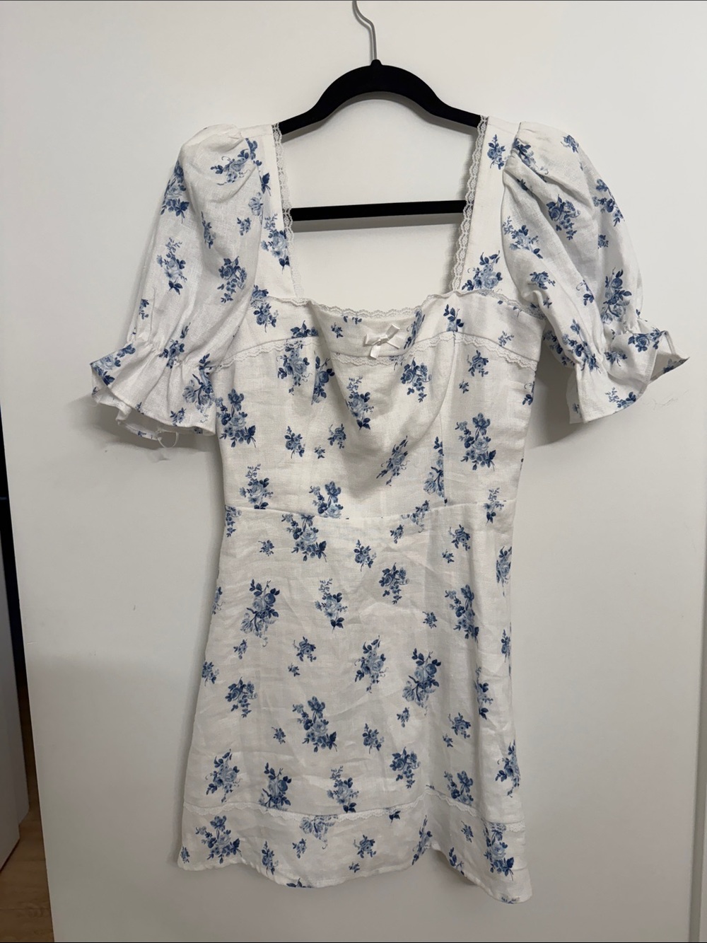 Reformation White and Blue Floral Lace-Trim Mini Dress